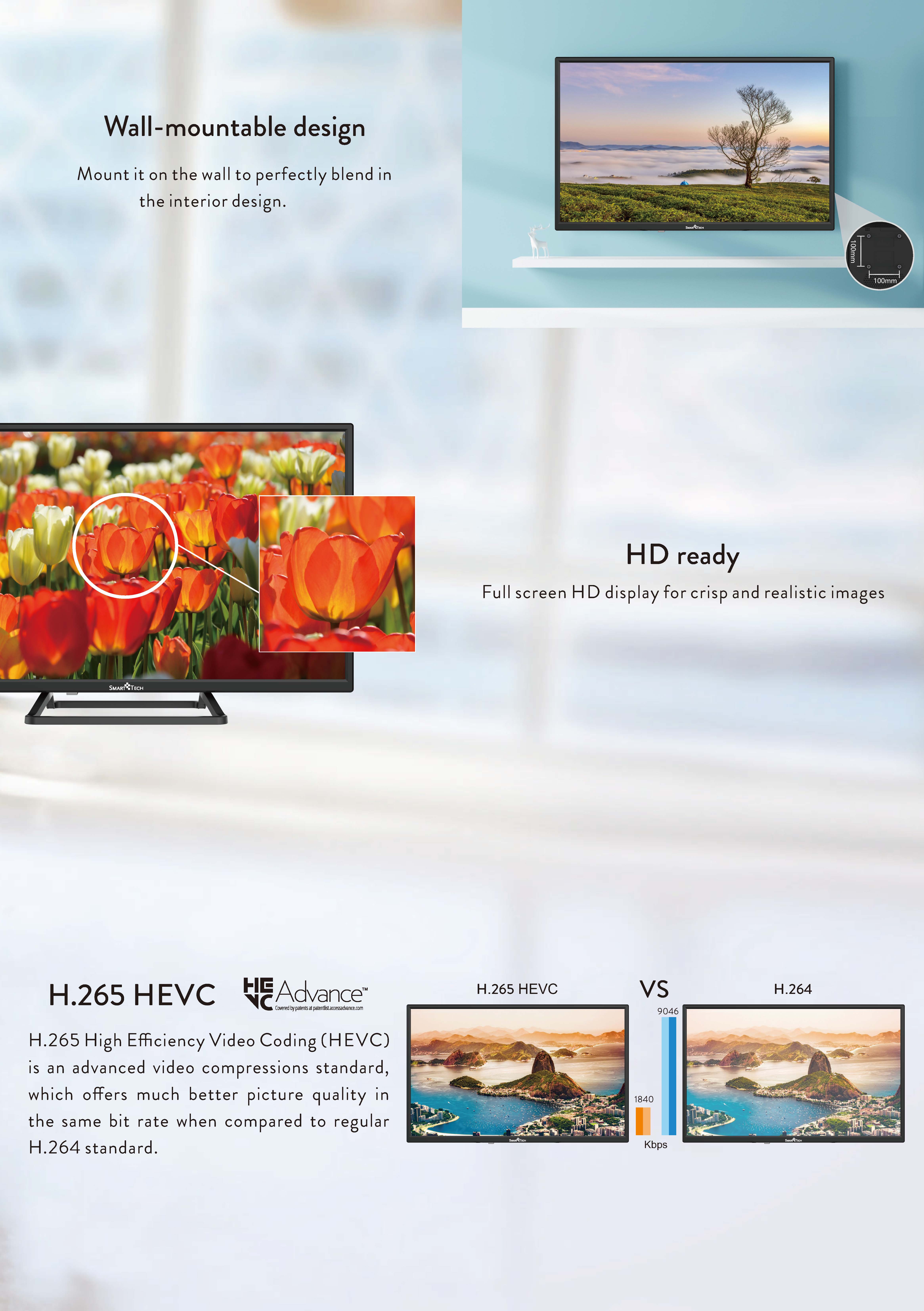 SMART TECH 24HN10T2 HD LED TV 24 Pouces (60cm) Triple Tuner Dolby Audio  H.265 HDMI USB, Résolution: 1366 (H) × 768 (V) (24 Pied cotés) :  : High-Tech